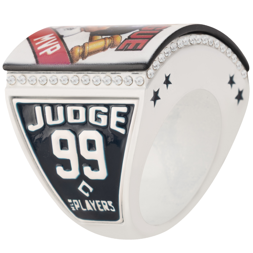 Success Awards | Official Big League Chew Player Ring-Aaron Judge MVP Silver ring with Judge 99 and stars, adorned with stones, showcasing an MVP emblem on the top.
