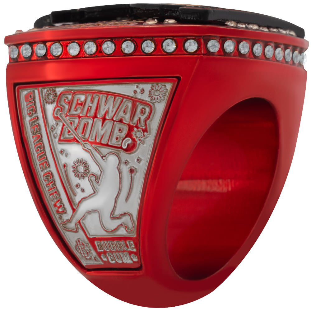 Success Awards | Official Big League Chew Player Ring-Kyle Schwarber Stylish red baseball-themed ring with decorative stones and engraved sports imagery.